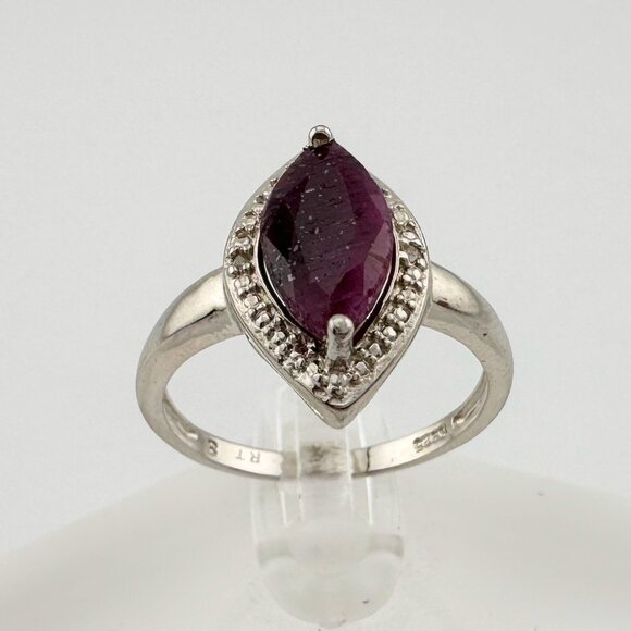 Marquise Cut Garnet & Diamond Ring - Sterling Silver - Size 7 - Picture 8 of 13